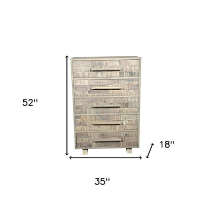 35" Gray Carved Geometric Solid Wood Five Drawer Dresser HomeRoots