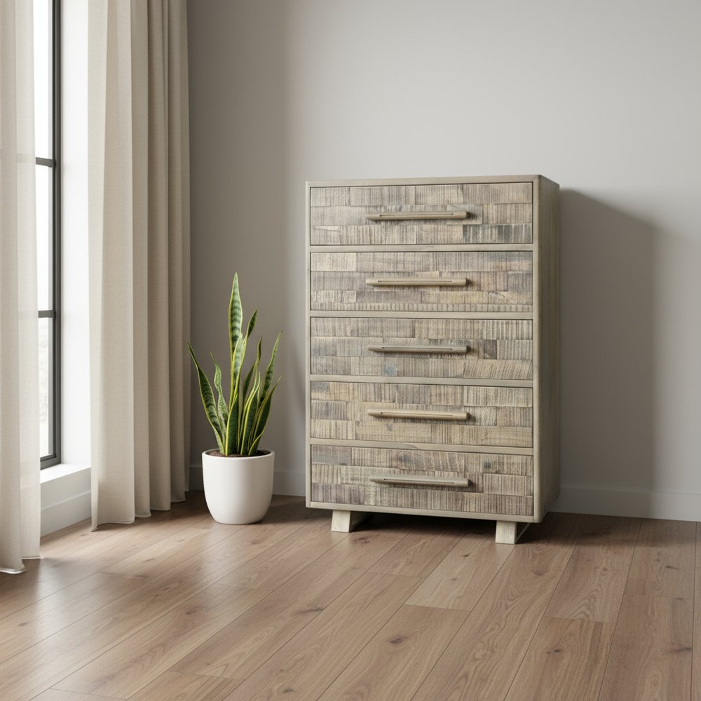 35" Gray Carved Geometric Solid Wood Five Drawer Dresser HomeRoots
