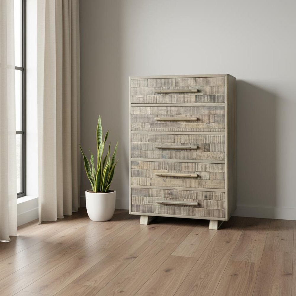 35" Gray Carved Geometric Solid Wood Five Drawer Dresser HomeRoots