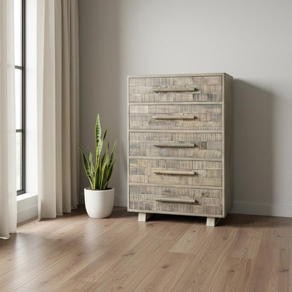 35" Gray Carved Geometric Solid Wood Five Drawer Dresser HomeRoots