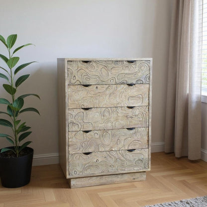 35" Gray Carved Abstract Solid Wood Five Drawer Dresser HomeRoots