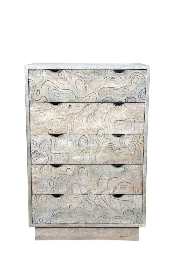 35" Gray Carved Abstract Solid Wood Five Drawer Dresser HomeRoots