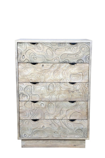 35" Gray Carved Abstract Solid Wood Five Drawer Dresser HomeRoots