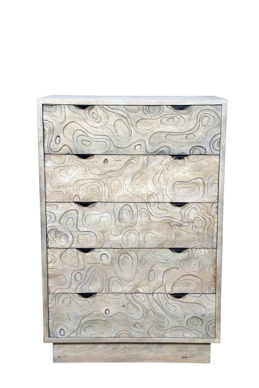 35" Gray Carved Abstract Solid Wood Five Drawer Dresser HomeRoots