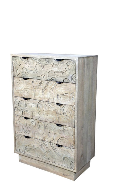 35" Gray Carved Abstract Solid Wood Five Drawer Dresser HomeRoots