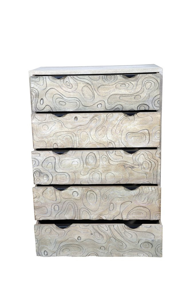 35" Gray Carved Abstract Solid Wood Five Drawer Dresser HomeRoots