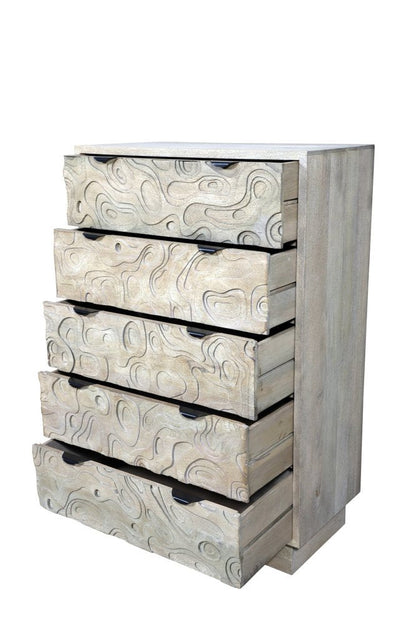 35" Gray Carved Abstract Solid Wood Five Drawer Dresser HomeRoots