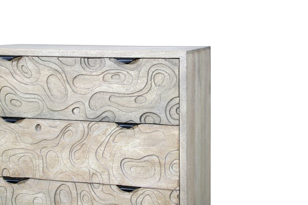 35" Gray Carved Abstract Solid Wood Five Drawer Dresser HomeRoots