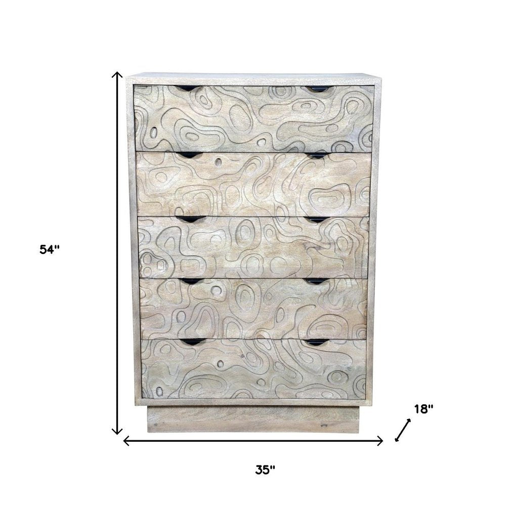 35" Gray Carved Abstract Solid Wood Five Drawer Dresser HomeRoots