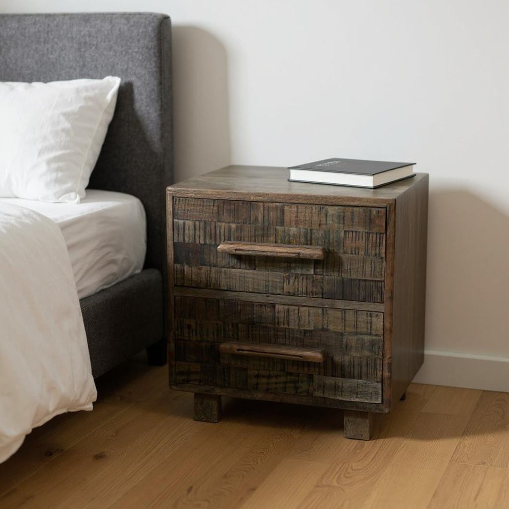 26" Brown Solid Wood Carved Geometric Two Drawer Nightstand HomeRoots