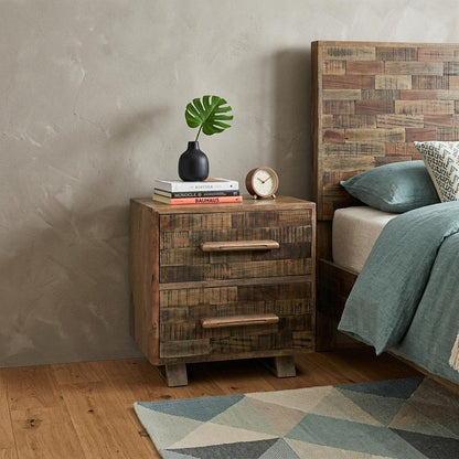 26" Brown Solid Wood Carved Geometric Two Drawer Nightstand HomeRoots