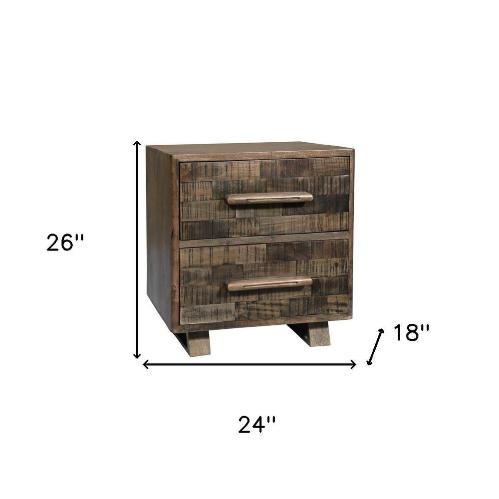 26" Brown Solid Wood Carved Geometric Two Drawer Nightstand HomeRoots