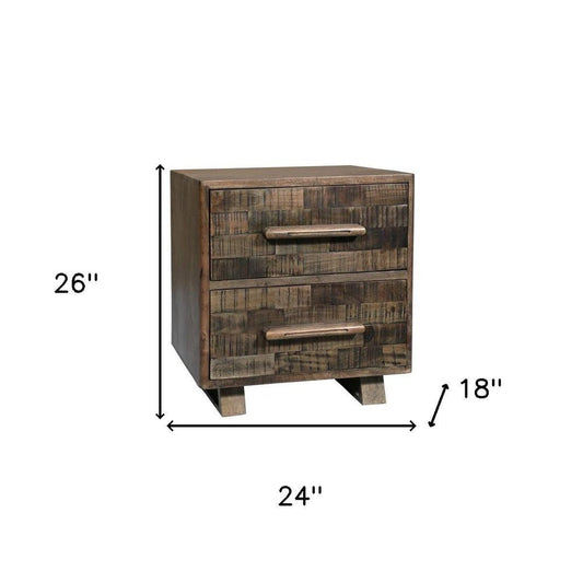 26" Brown Solid Wood Carved Geometric Two Drawer Nightstand HomeRoots