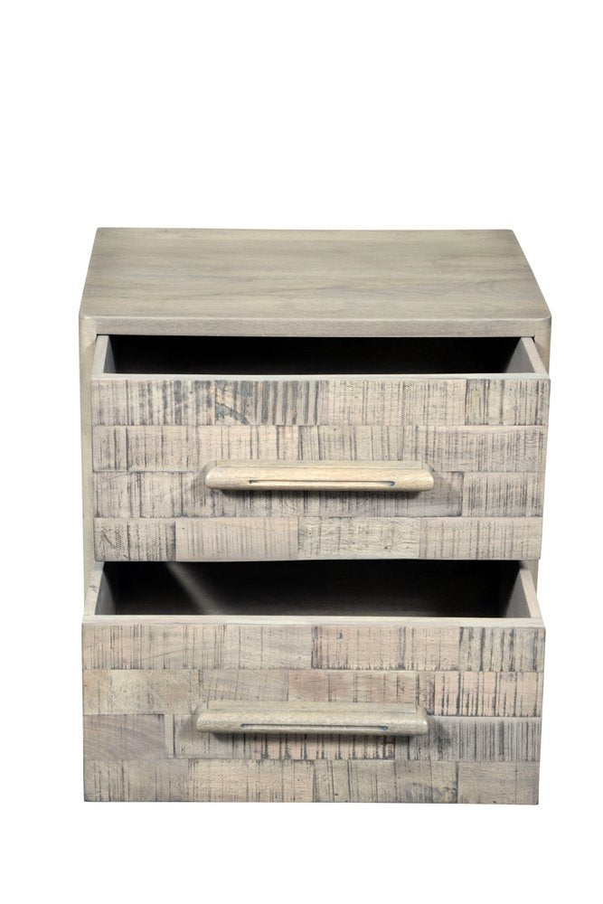 26" Gray Solid Wood Carved Geometric Two Drawer Nightstand