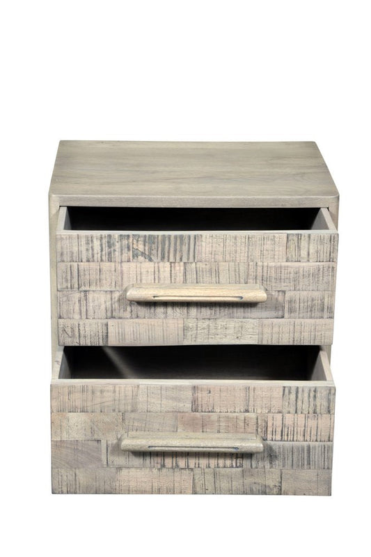 26" Gray Solid Wood Carved Geometric Two Drawer Nightstand