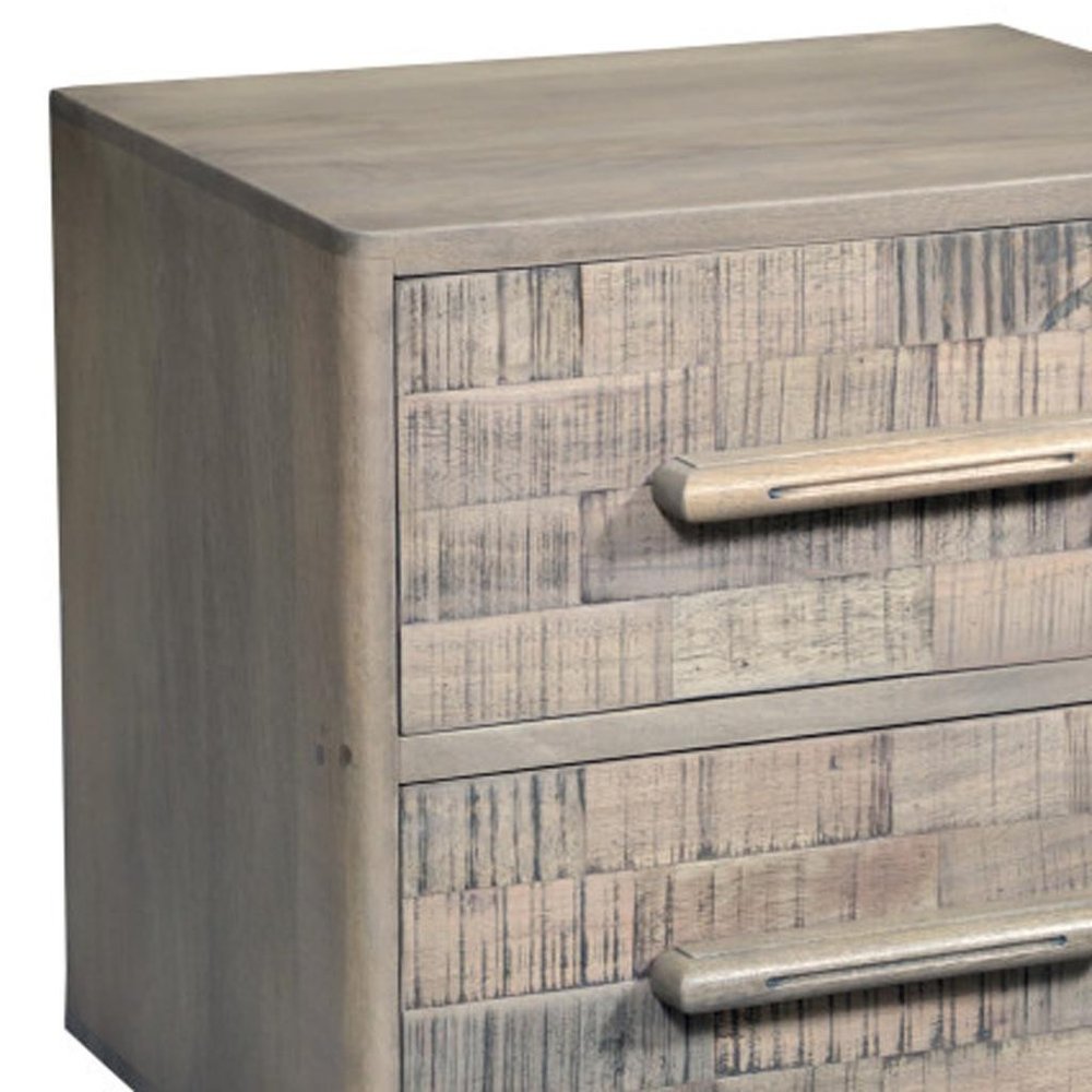 26" Gray Solid Wood Carved Geometric Two Drawer Nightstand