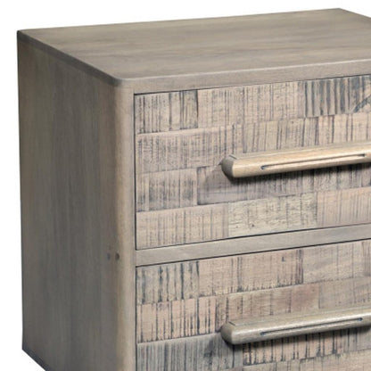 26" Gray Solid Wood Carved Geometric Two Drawer Nightstand