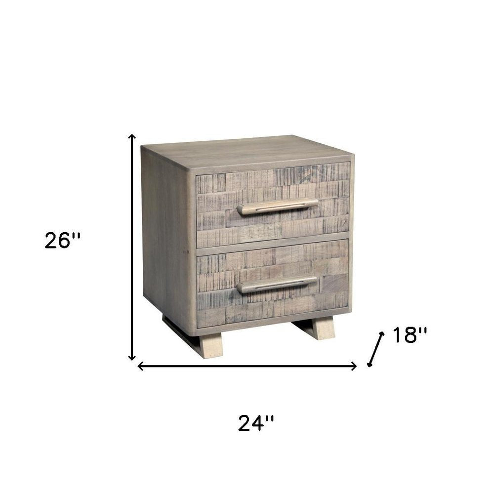 26" Gray Solid Wood Carved Geometric Two Drawer Nightstand HomeRoots