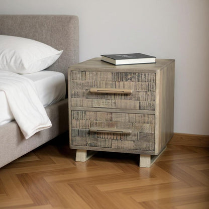 26" Gray Solid Wood Carved Geometric Two Drawer Nightstand HomeRoots