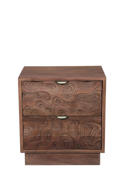 26" Brown Solid Wood Carved Abstract Two Drawer Nightstand HomeRoots