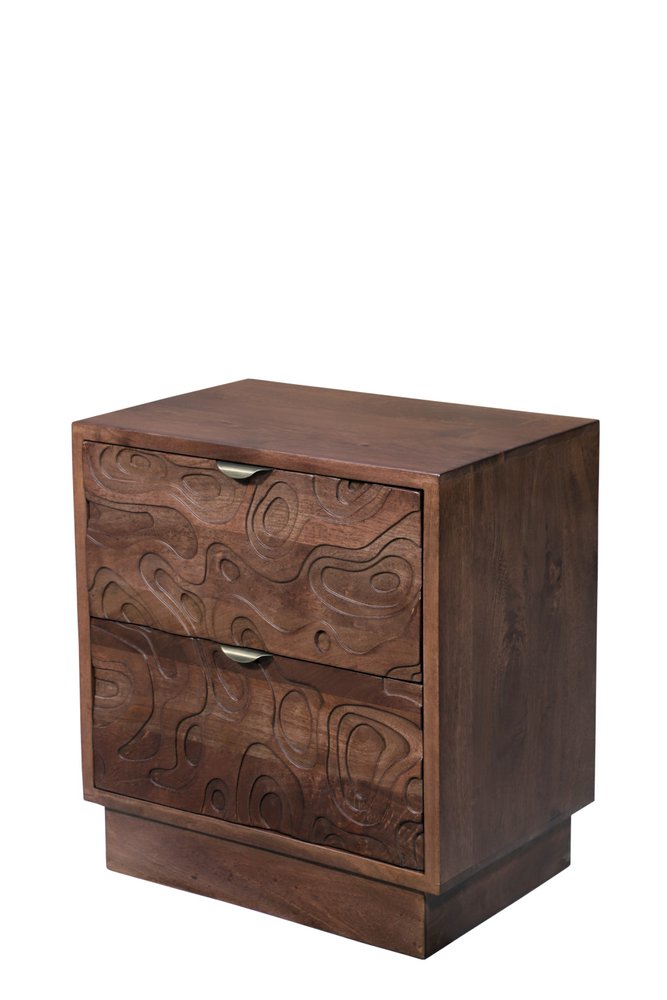 26" Brown Solid Wood Carved Abstract Two Drawer Nightstand HomeRoots