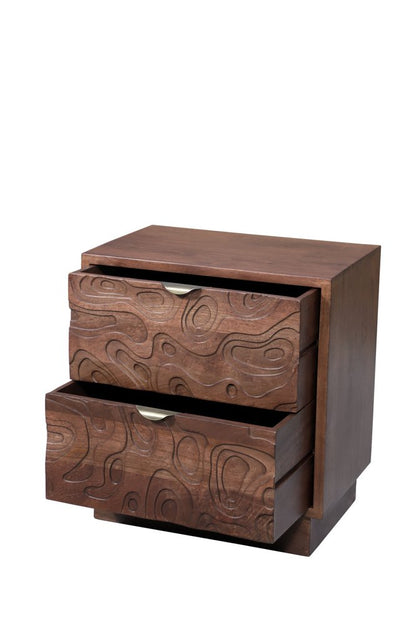 26" Brown Solid Wood Carved Abstract Two Drawer Nightstand HomeRoots