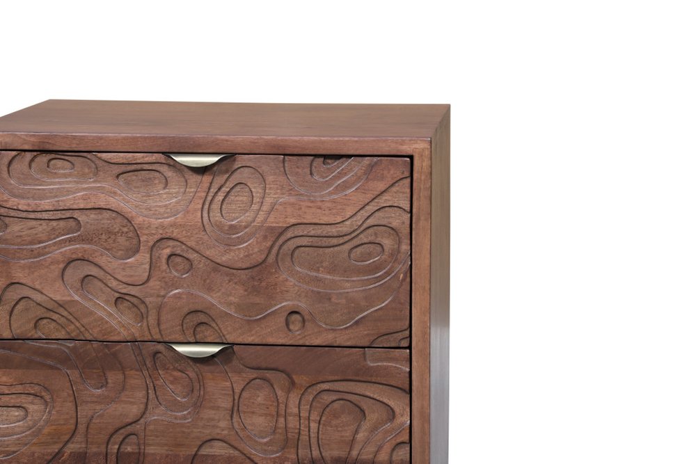 26" Brown Solid Wood Carved Abstract Two Drawer Nightstand HomeRoots