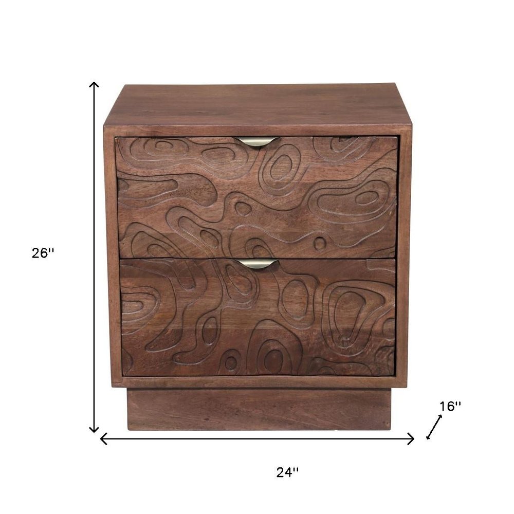 26" Brown Solid Wood Carved Abstract Two Drawer Nightstand HomeRoots
