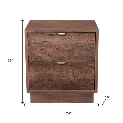 26" Brown Solid Wood Carved Abstract Two Drawer Nightstand HomeRoots