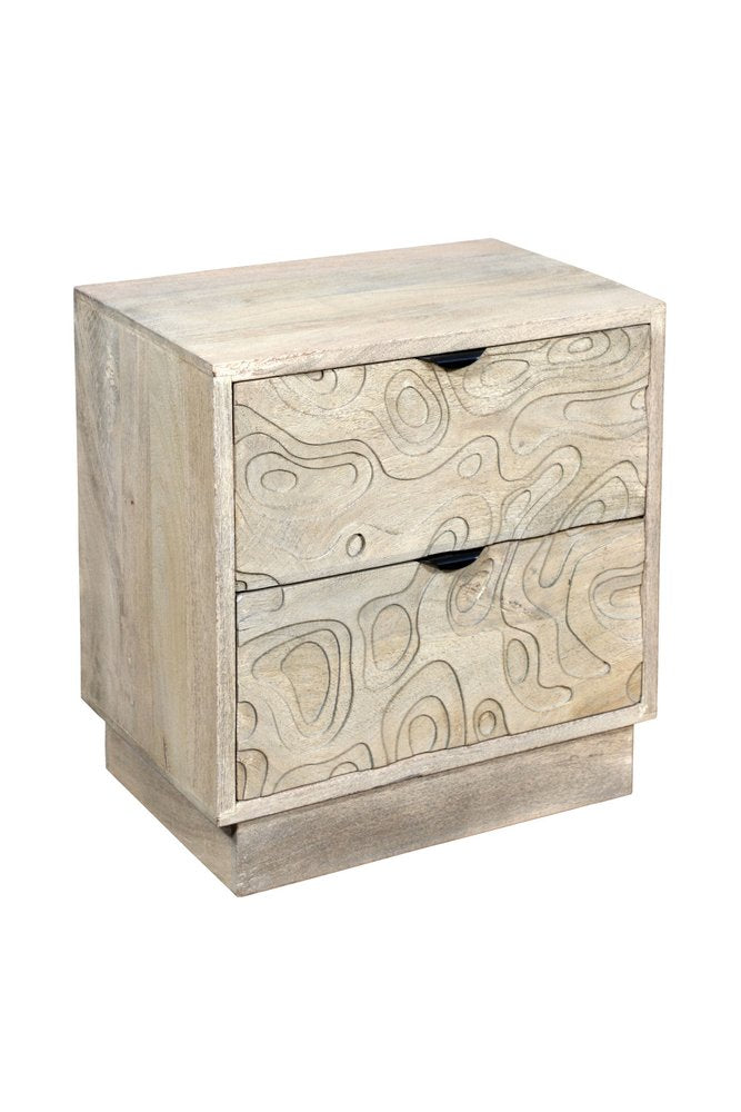 26" Gray Solid Wood Carved Abstract Two Drawer Nightstand HomeRoots