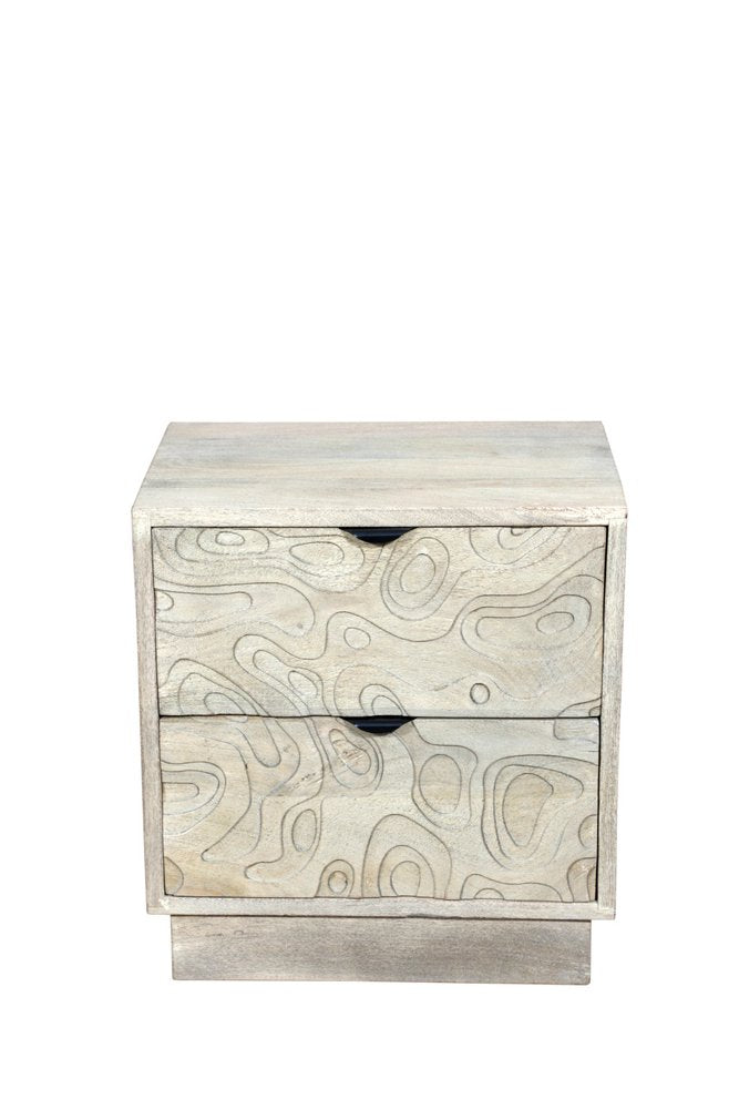 26" Gray Solid Wood Carved Abstract Two Drawer Nightstand HomeRoots