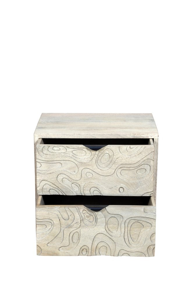26" Gray Solid Wood Carved Abstract Two Drawer Nightstand HomeRoots