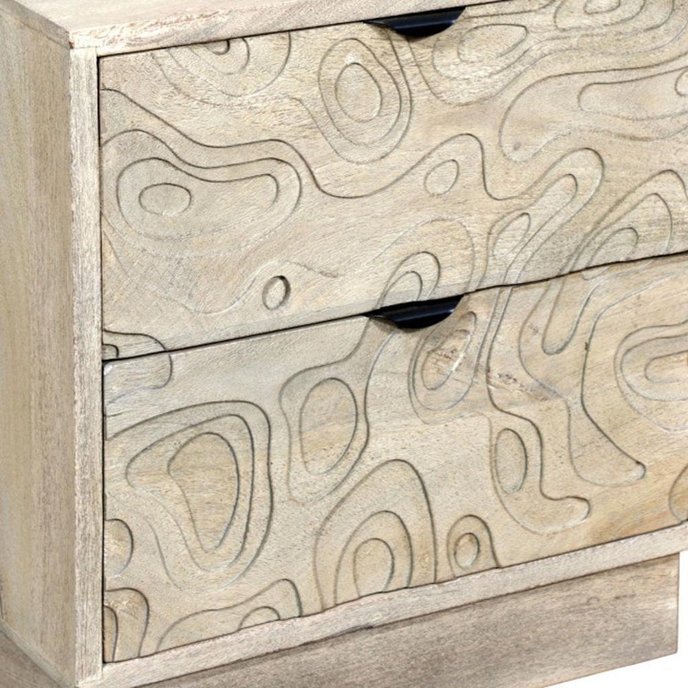 26" Gray Solid Wood Carved Abstract Two Drawer Nightstand HomeRoots