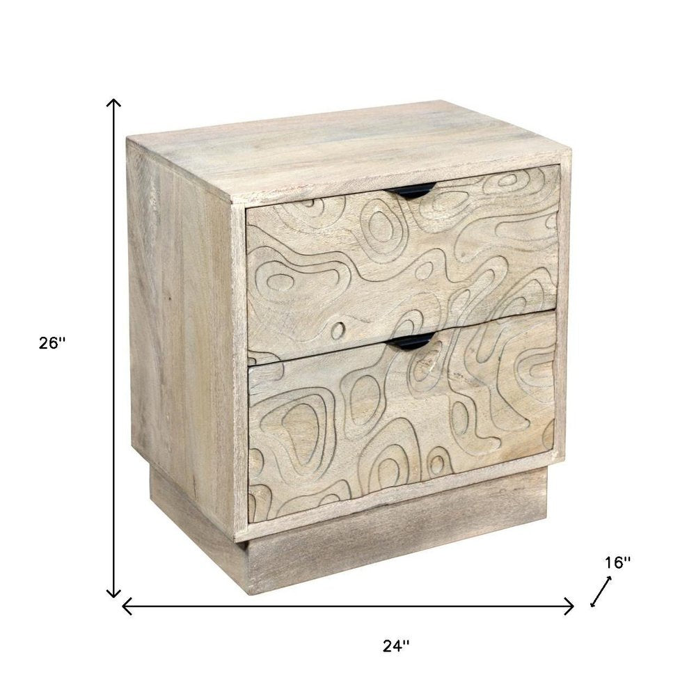 26" Gray Solid Wood Carved Abstract Two Drawer Nightstand — view 8