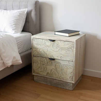 26" Gray Solid Wood Carved Abstract Two Drawer Nightstand HomeRoots