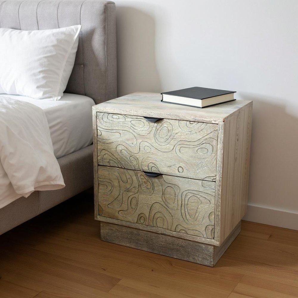 26" Gray Solid Wood Carved Abstract Two Drawer Nightstand HomeRoots