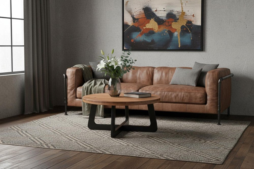 39" Brown and Black Solid Wood And Iron Round Cross Legs Coffee Table HomeRoots