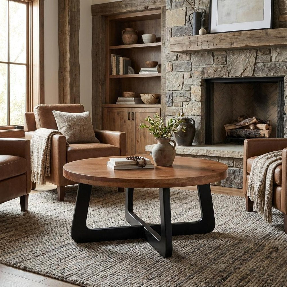 39" Brown and Black Solid Wood And Iron Round Cross Legs Coffee Table HomeRoots
