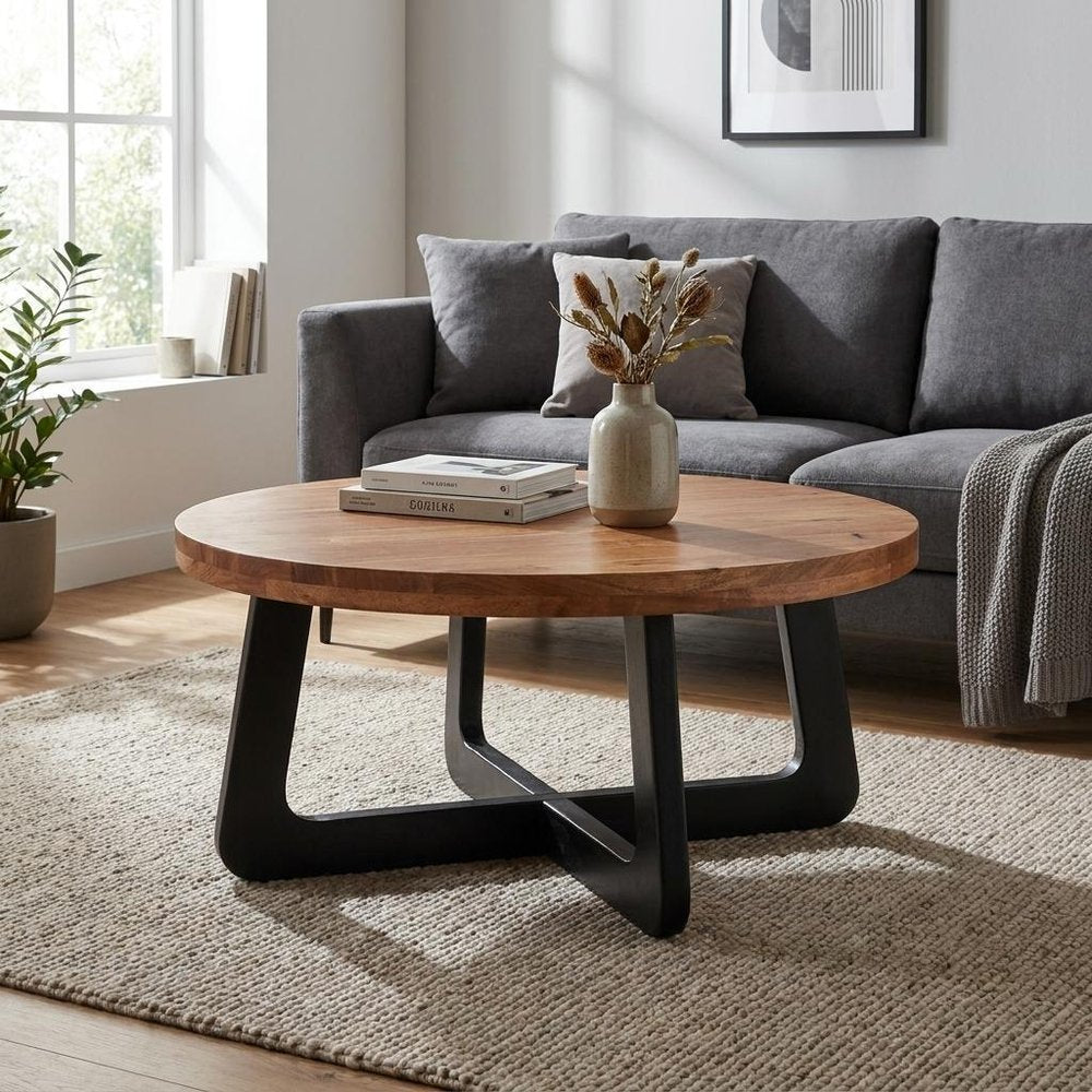 39" Brown and Black Solid Wood And Iron Round Cross Legs Coffee Table HomeRoots