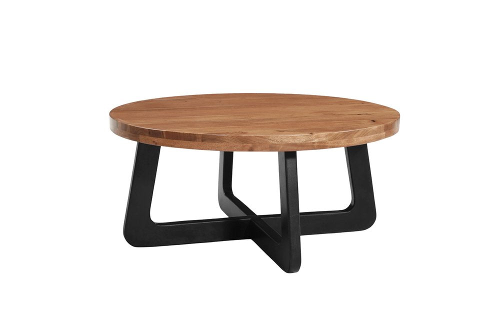 39" Brown and Black Solid Wood And Iron Round Cross Legs Coffee Table HomeRoots