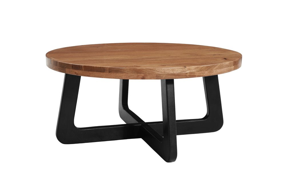 39" Brown and Black Solid Wood And Iron Round Cross Legs Coffee Table HomeRoots