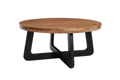 39" Brown and Black Solid Wood And Iron Round Cross Legs Coffee Table HomeRoots