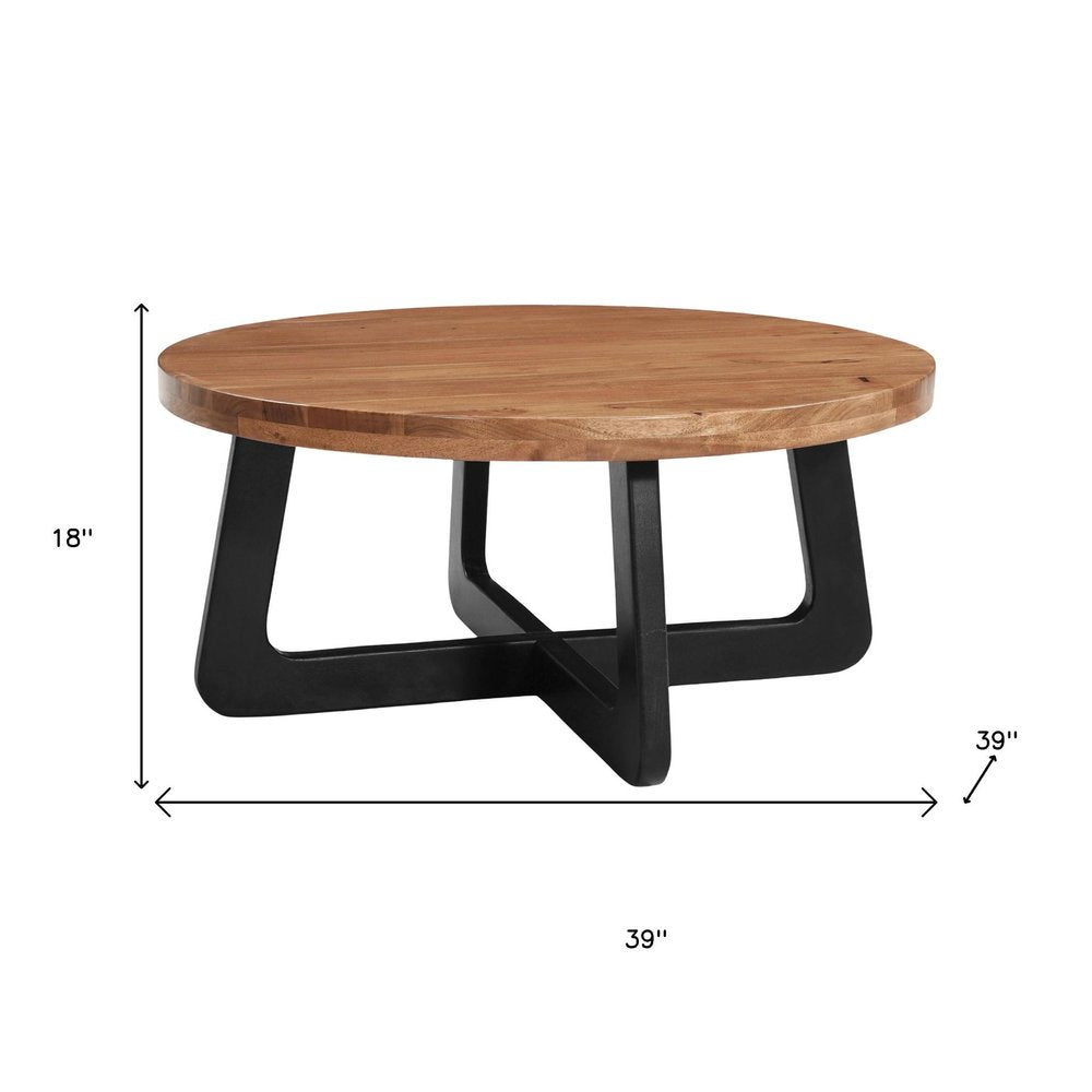 39" Brown and Black Solid Wood And Iron Round Cross Legs Coffee Table HomeRoots
