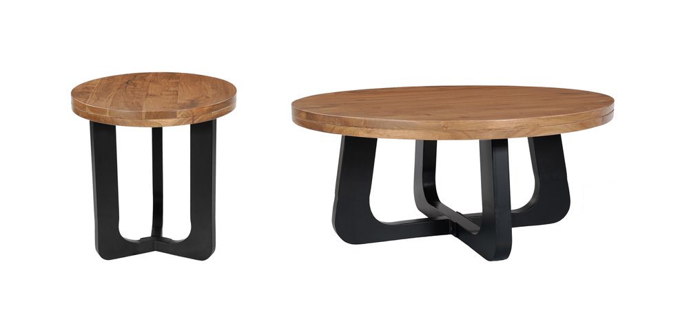 Set Of Two Natural and Black Solid Wood and Iron Round Cross Legs Coffee Table — view 3