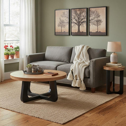 Set Of Two Natural and Black Solid Wood and Iron Round Cross Legs Coffee Table HomeRoots