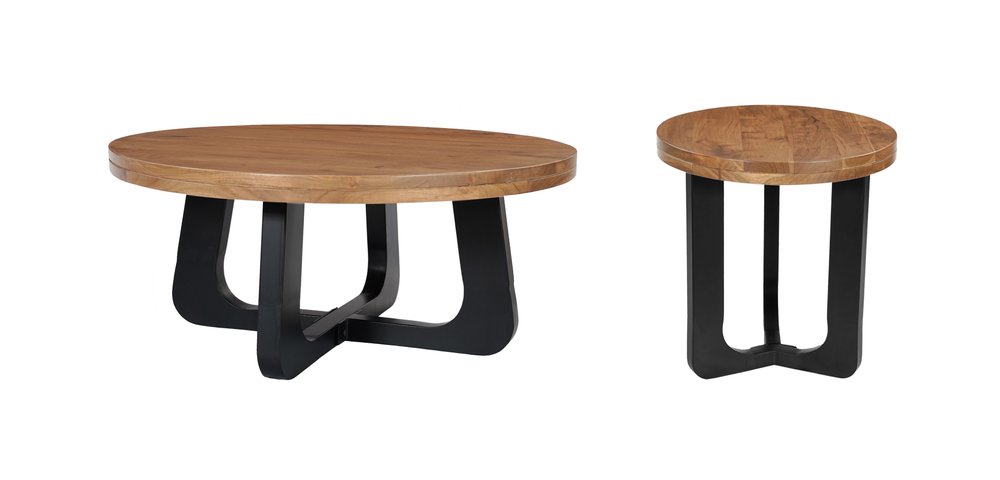 Set Of Two Natural and Black Solid Wood and Iron Round Cross Legs Coffee Table — view 2