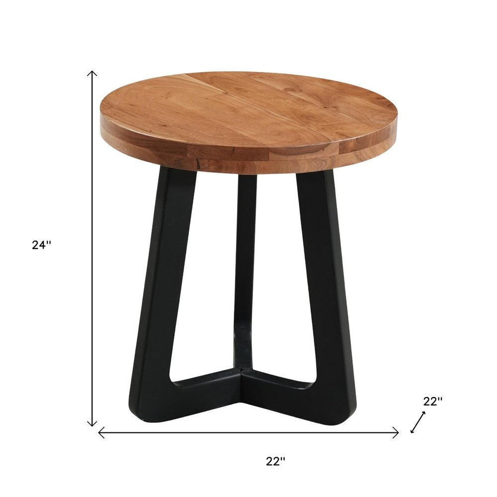 24" Brown and Black Solid Wood And Iron Round Cross Legs End Table HomeRoots