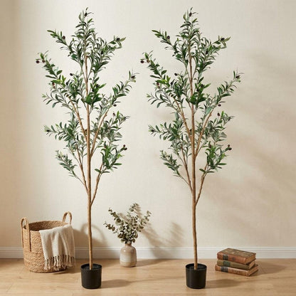 Set of Two 72" Green Artificial Olive Trees in a Black Pots HomeRoots