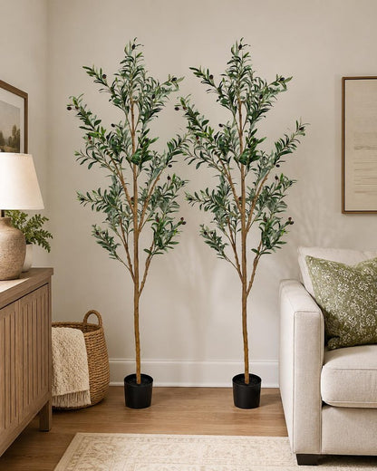Set of Two 72" Green Artificial Olive Trees in a Black Pots HomeRoots