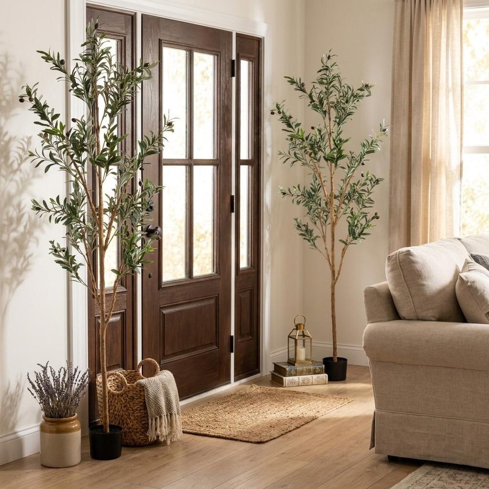 Set of Two 72" Green Artificial Olive Trees in a Black Pots HomeRoots